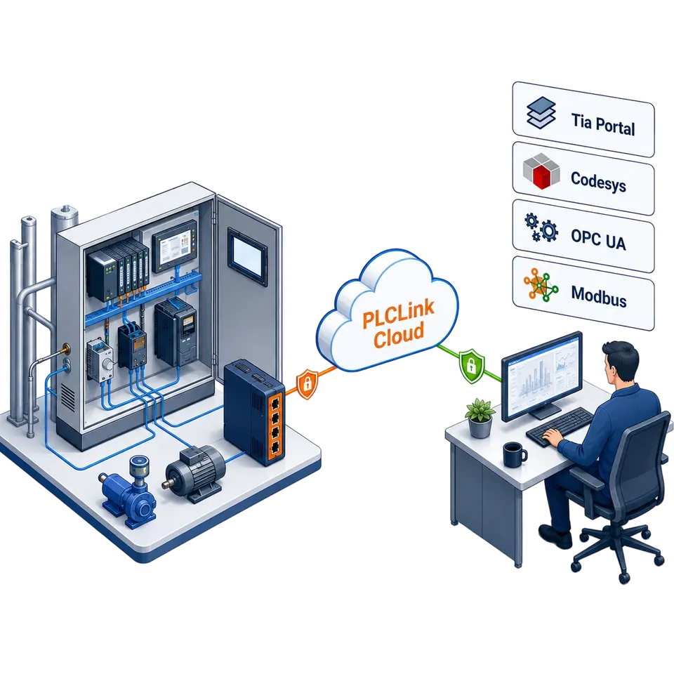 Схема: объект со шлюзом PLCLink подключается к PLCLink Cloud, инженер работает через Manager или M2Web